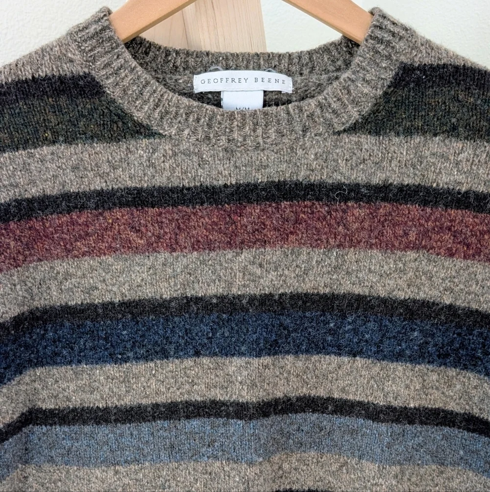 Vintage 90's Striped Textured Wool Crewneck Sweater In Oatmeal Tan - Picture 4 of 15